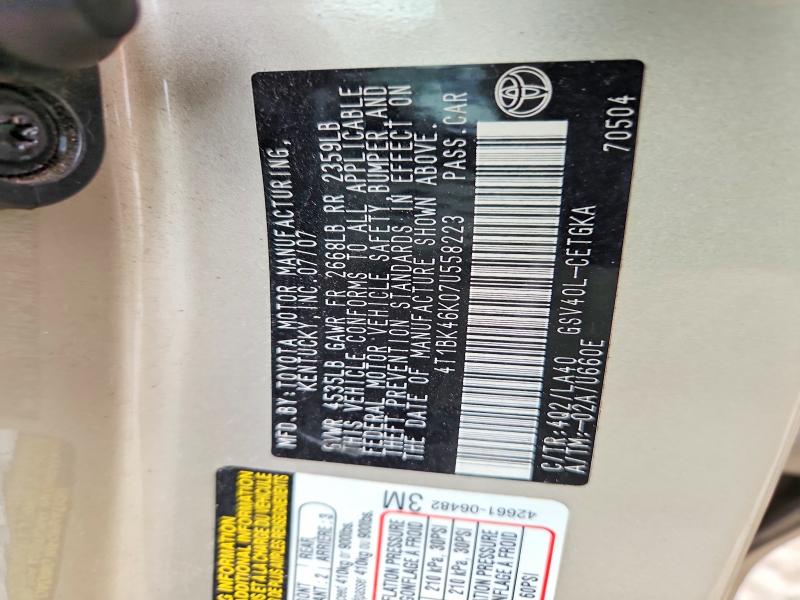 68237806 :رقم المزاد ، 4T1BK46K07U558223 vin ، 2007 Toyota Camry مزاد بيع