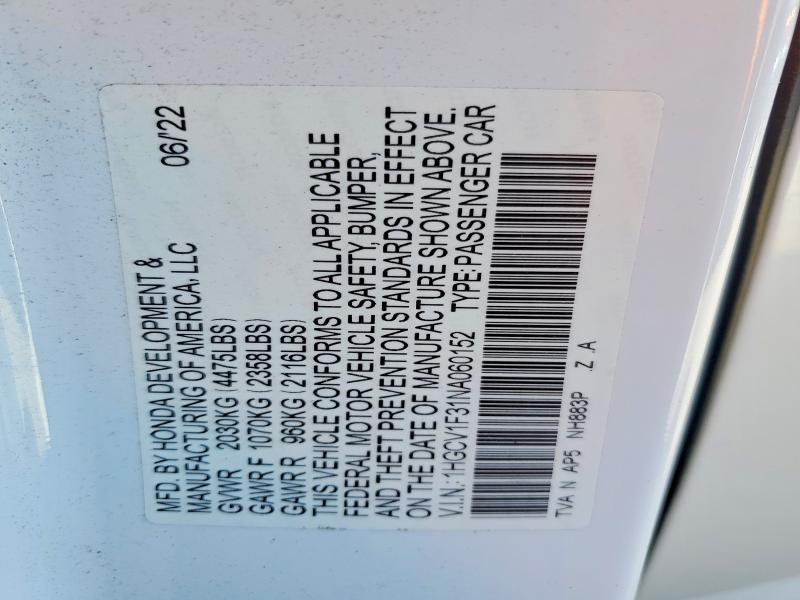 2022 Honda Accord მანქანა იყიდება აუქციონზე, vin: 1HGCV1F31NA060152, აუქციონის ნომერი: 69062076
