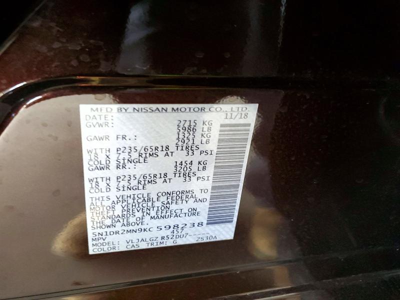 69779576 :رقم المزاد ، 5N1DR2MN9KC598238 vin ، 2019 Nissan Pathfinder مزاد بيع