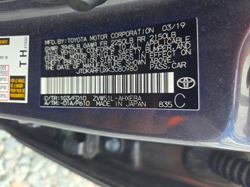 70606616 :رقم المزاد ، JTDKARFUXK3080980 vin ، 2019 Toyota Prius مزاد بيع