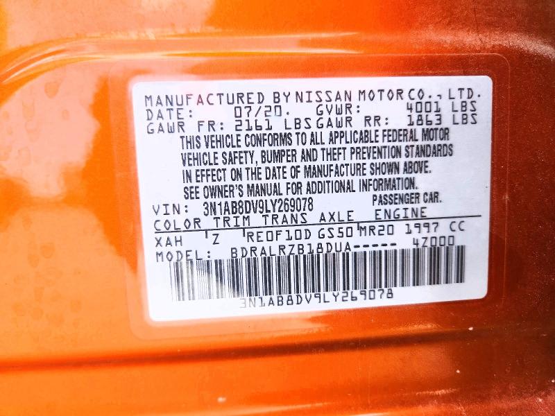 2020 Nissan Sentra მანქანა იყიდება აუქციონზე, vin: 3N1AB8DV9LY269078, აუქციონის ნომერი: 68596246