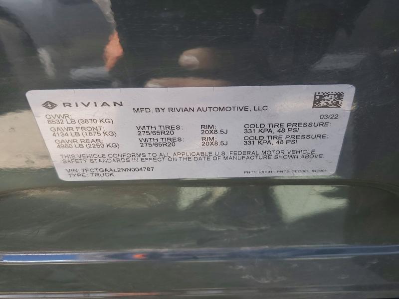 Aukcja sprzedaży 2022 Rivian R1t, vin: 7FCTGAAL2NN004787, numer aukcji: 67307156