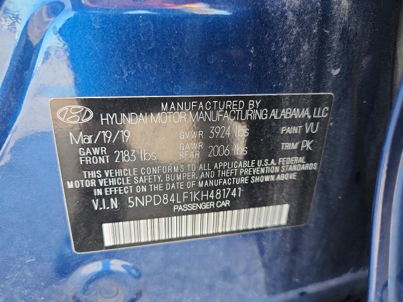 Продаж на аукціоні авто 2019 Hyundai Elantra, vin: 5NPD84LF1KH481741, номер лоту: 68834886