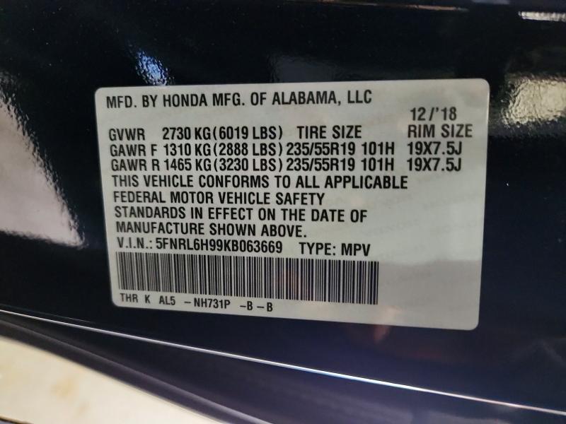 69321286 :رقم المزاد ، 5FNRL6H99KB063669 vin ، 2019 Honda Odyssey مزاد بيع