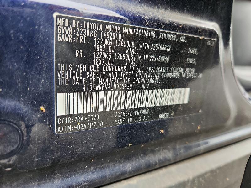 69843046 :رقم المزاد ، 4T3EWRFV4LU005830 vin ، 2020 Toyota Rav4 مزاد بيع