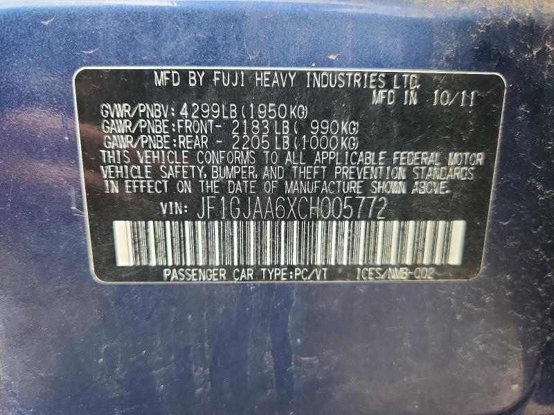 Aukcja sprzedaży 2012 Subaru Impreza, vin: JF1GJAA6XCH005772, numer aukcji: 68185536