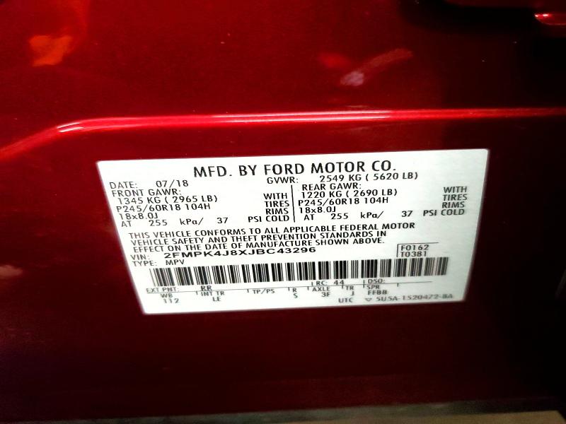 2018 Ford Edge მანქანა იყიდება აუქციონზე, vin: 2FMPK4J8XJBC43296, აუქციონის ნომერი: 69880316