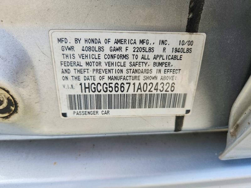 67182806 :رقم المزاد ، 1HGCG56671A024326 vin ، 2001 Honda Accord مزاد بيع