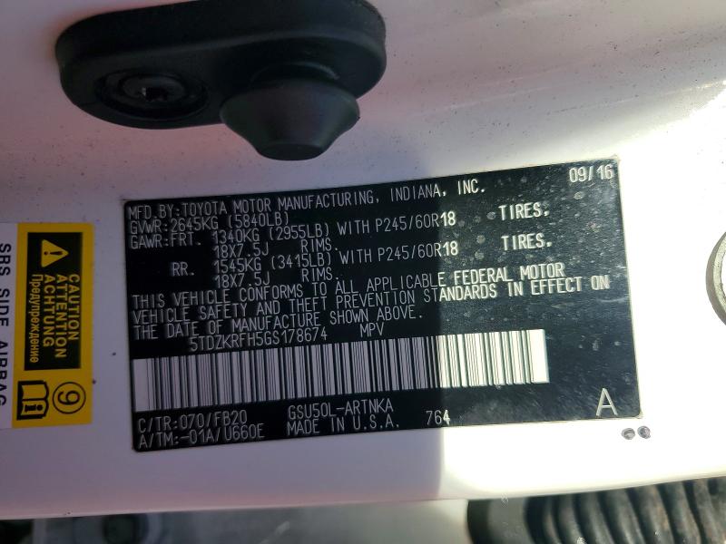 Aukcja sprzedaży 2016 Toyota Highlander, vin: 5TDZKRFH5GS178674, numer aukcji: 67251756