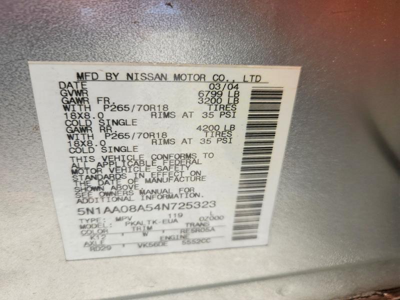2004 Nissan Armada მანქანა იყიდება აუქციონზე, vin: 5N1AA08A54N725323, აუქციონის ნომერი: 68820426