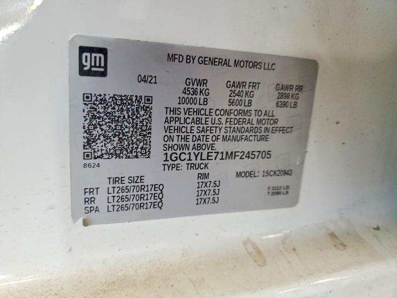 68775596 :رقم المزاد ، 1GC1YLE71MF245705 vin ، 2021 Chevrolet Silverado مزاد بيع