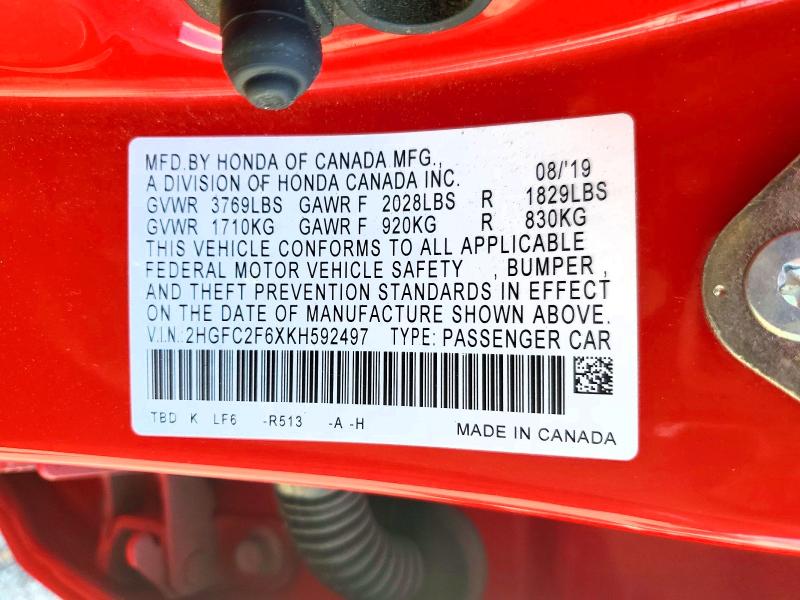 Auction sale of the 2019 Honda Civic, vin: 2HGFC2F6XKH592497, lot number: 68052676