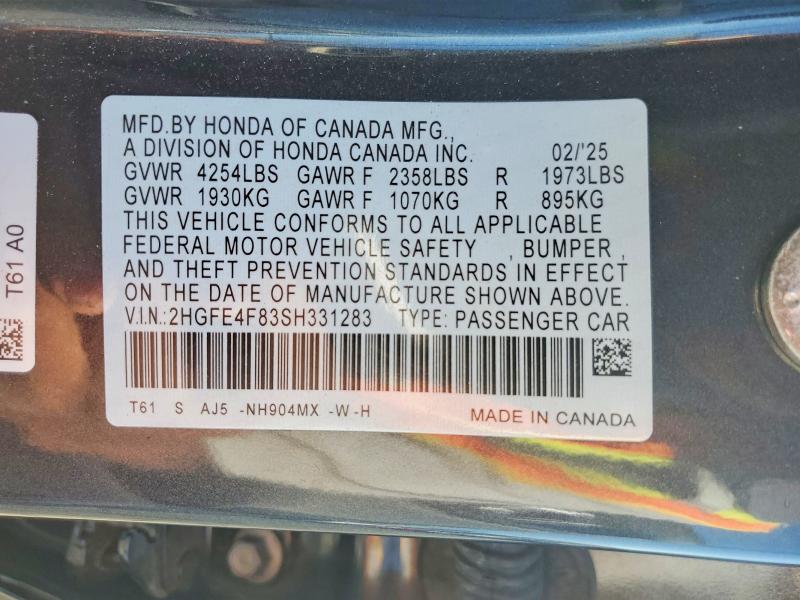 Продаж на аукціоні авто 2025 Honda Civic, vin: 2HGFE4F83SH331283, номер лоту: 67388426