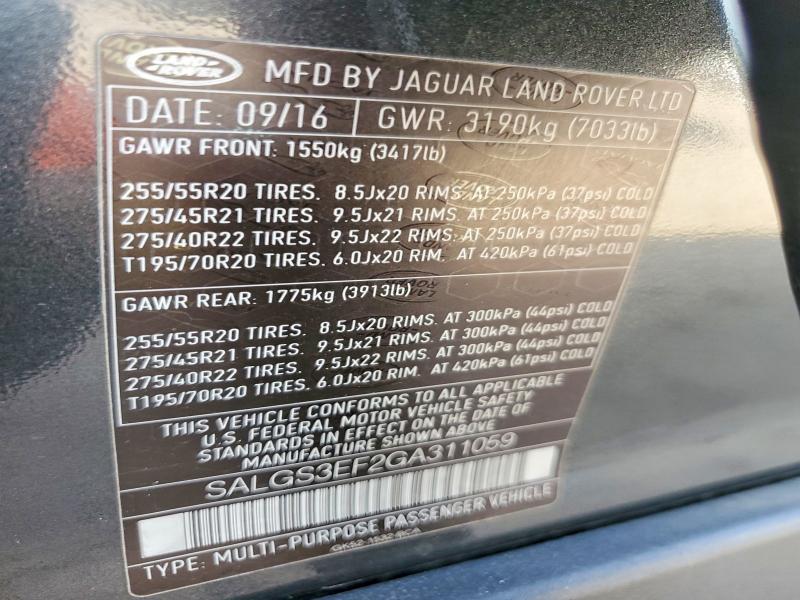 Aukcja sprzedaży 2016 Land Rover Range Rover, vin: SALGS3EF2GA311059, numer aukcji: 68689136