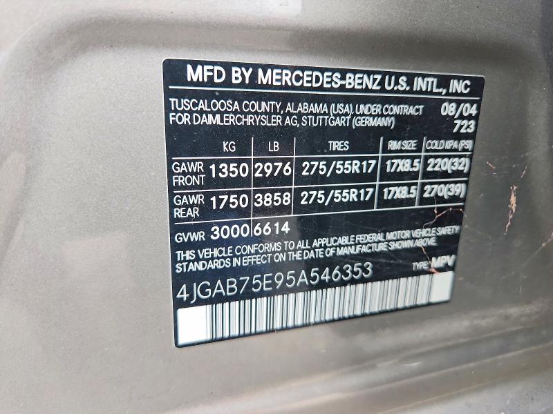 Продажа на аукционе авто 2005 Mercedes-benz Ml, vin: 4JGAB75E95A546353, номер лота: 69598406