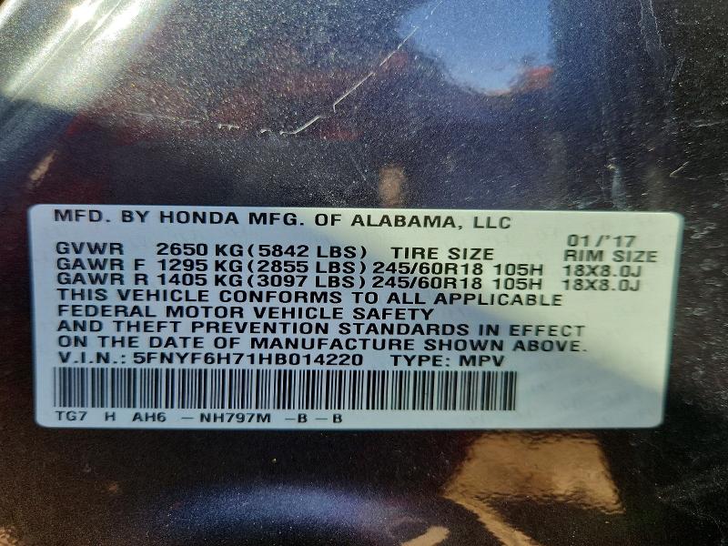 2017 Honda Pilot მანქანა იყიდება აუქციონზე, vin: 5FNYF6H71HB014220, აუქციონის ნომერი: 67043706