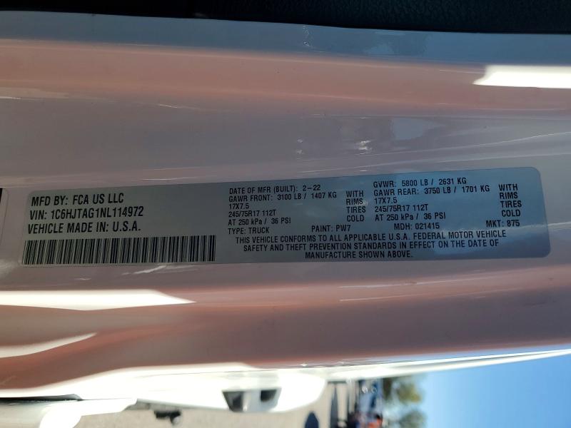 2022 Jeep Gladiator მანქანა იყიდება აუქციონზე, vin: 1C6HJTAG1NL114972, აუქციონის ნომერი: 66849496