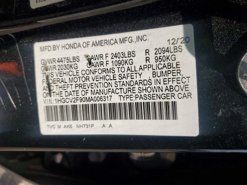 67327706 :رقم المزاد ، 1HGCV2F90MA006317 vin ، 2021 Honda Accord مزاد بيع