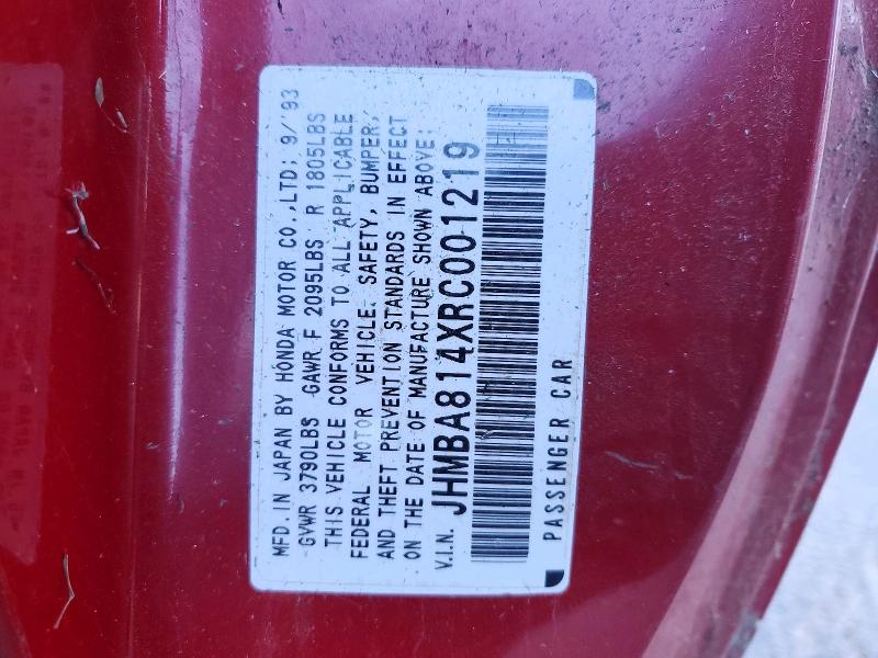 Aukcja sprzedaży 1994 Honda Prelude, vin: JHMBA814XRC001219, numer aukcji: 70016196