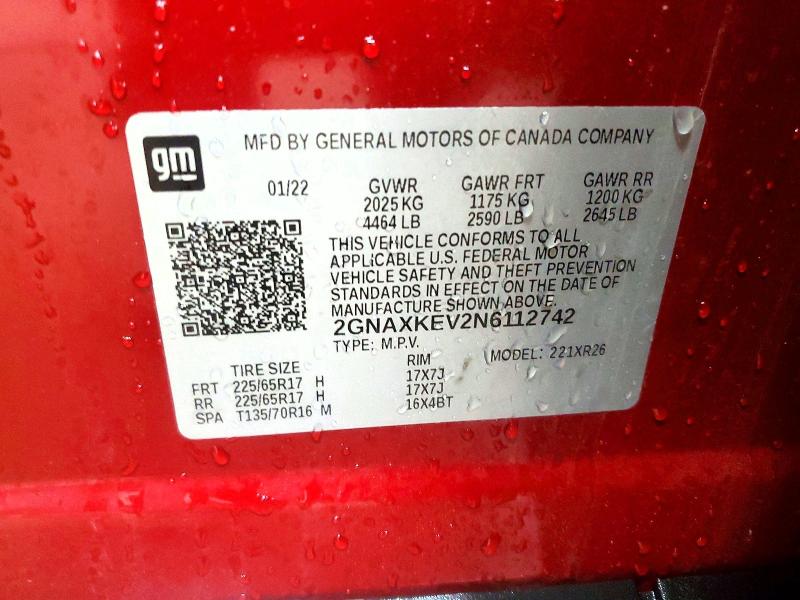 2022 Chevrolet Equinox მანქანა იყიდება აუქციონზე, vin: 2GNAXKEV2N6112742, აუქციონის ნომერი: 67455436