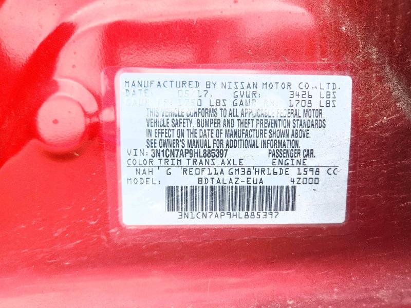 2017 Nissan Versa მანქანა იყიდება აუქციონზე, vin: 3N1CN7AP9HL885397, აუქციონის ნომერი: 69811336