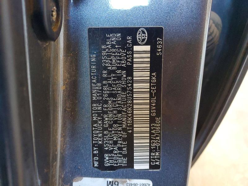 2008 Toyota Camry მანქანა იყიდება აუქციონზე, vin: 4T1BK46K28U575428, აუქციონის ნომერი: 69560786