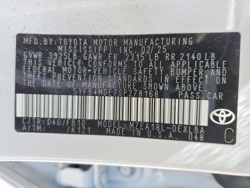 2025 Toyota Corolla მანქანა იყიდება აუქციონზე, vin: 5YFB4MDE7SP278168, აუქციონის ნომერი: 70137766