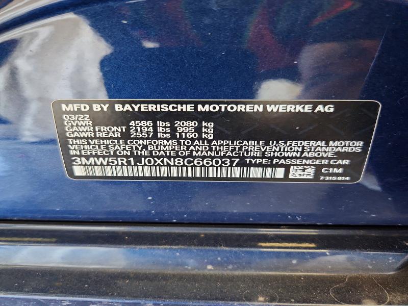 65559416 :رقم المزاد ، 3MW5R1J0XN8C66037 vin ، 2022 Bmw 330i مزاد بيع