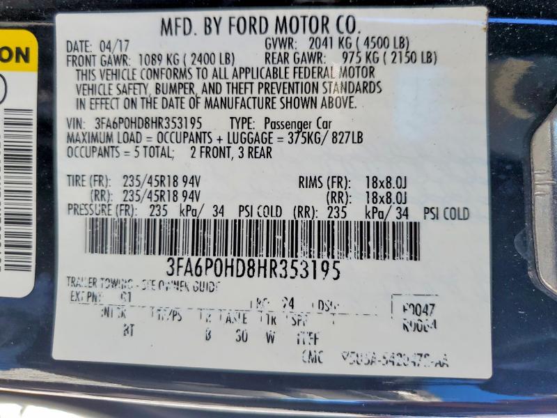 69757206 :رقم المزاد ، 3FA6P0HD8HR353195 vin ، 2017 Ford Fusion مزاد بيع