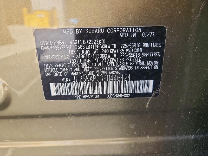 2023 Subaru Forester მანქანა იყიდება აუქციონზე, vin: JF2SKAPC3PH446424, აუქციონის ნომერი: 69447296