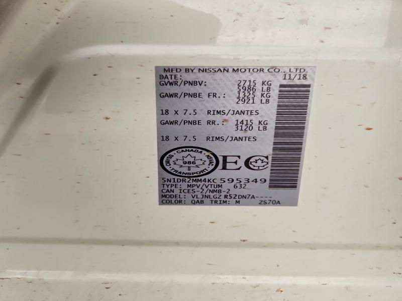 67994186 :رقم المزاد ، 5N1DR2MM4KC595349 vin ، 2019 Nissan Pathfinder مزاد بيع