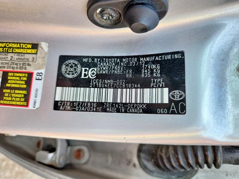 68210446 :رقم المزاد ، 2T1BU4EE7CC818344 vin ، 2012 Toyota Corolla مزاد بيع