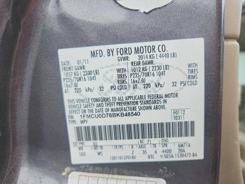 2011 Ford Escape მანქანა იყიდება აუქციონზე, vin: 1FMCU0D78BKB48540, აუქციონის ნომერი: 68387916