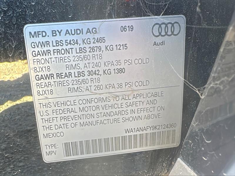 60707916 :رقم المزاد ، WA1ANAFY9K2124360 vin ، 2019 Audi Q5 مزاد بيع