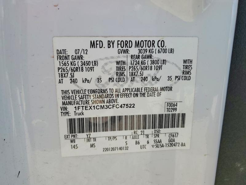 Auction sale of the 2012 Ford F150, vin: 1FTEX1CM3CFC47522, lot number: 67849146