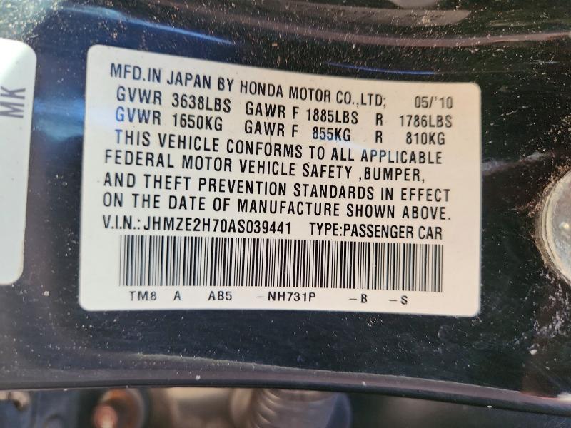 Aukcja sprzedaży 2010 Honda Insight, vin: JHMZE2H70AS039441, numer aukcji: 68592336