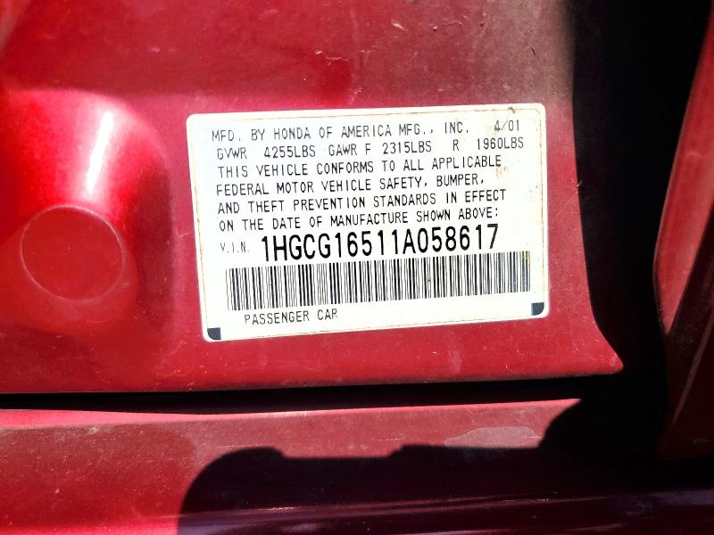 Aukcja sprzedaży 2001 Honda Accord, vin: 1HGCG16511A058617, numer aukcji: 68652916