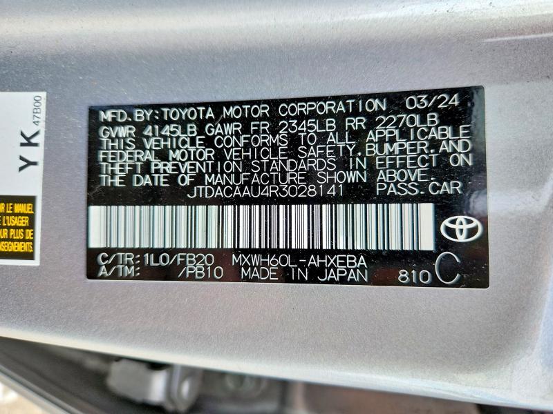 2024 Toyota Prius მანქანა იყიდება აუქციონზე, vin: JTDACAAU4R3028141, აუქციონის ნომერი: 68141746