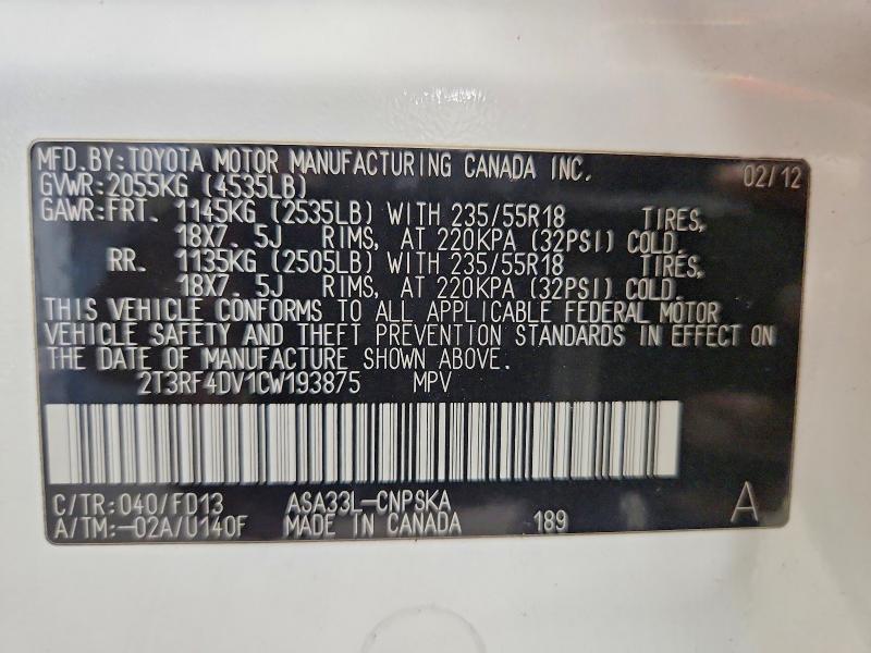 Продажа на аукционе авто 2012 Toyota Rav4, vin: 2T3RF4DV1CW193875, номер лота: 67356636