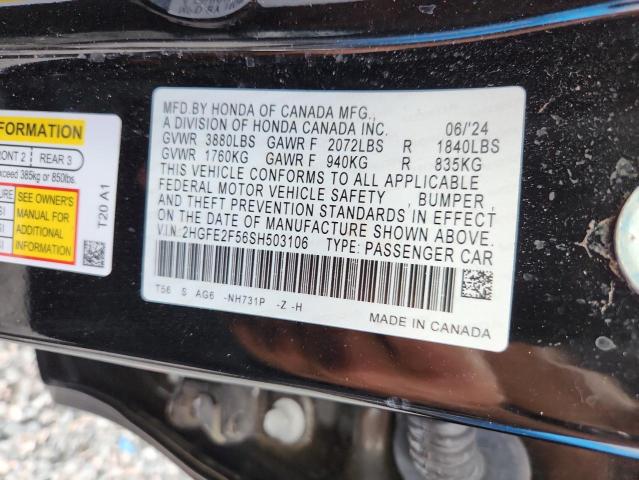 68847876 :رقم المزاد ، 2HGFE2F56SH503106 vin ، 2025 Honda Civic مزاد بيع