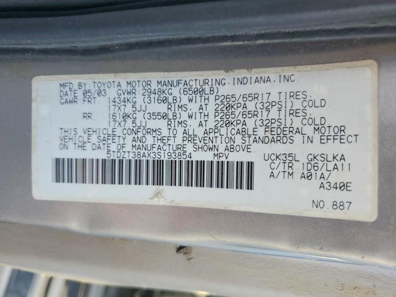 Продаж на аукціоні авто 2003 Toyota Sequoia, vin: 5TDZT38AX3S193854, номер лоту: 68338556