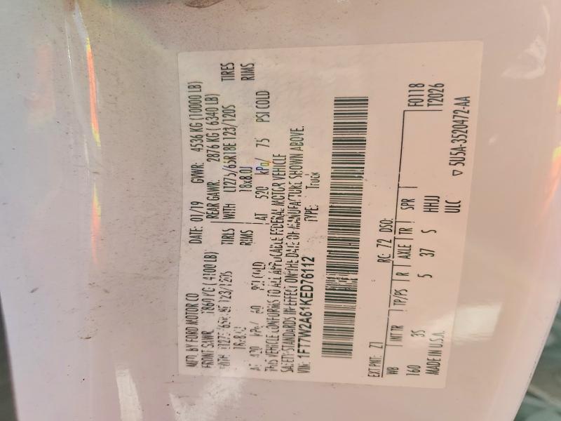 2019 Ford F250 მანქანა იყიდება აუქციონზე, vin: 1FT7W2A61KED76112, აუქციონის ნომერი: 69718426