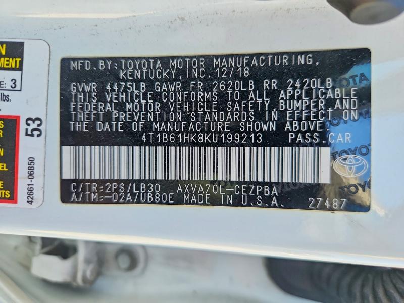 67454866 :رقم المزاد ، 4T1B61HK8KU199213 vin ، 2019 Toyota Camry مزاد بيع