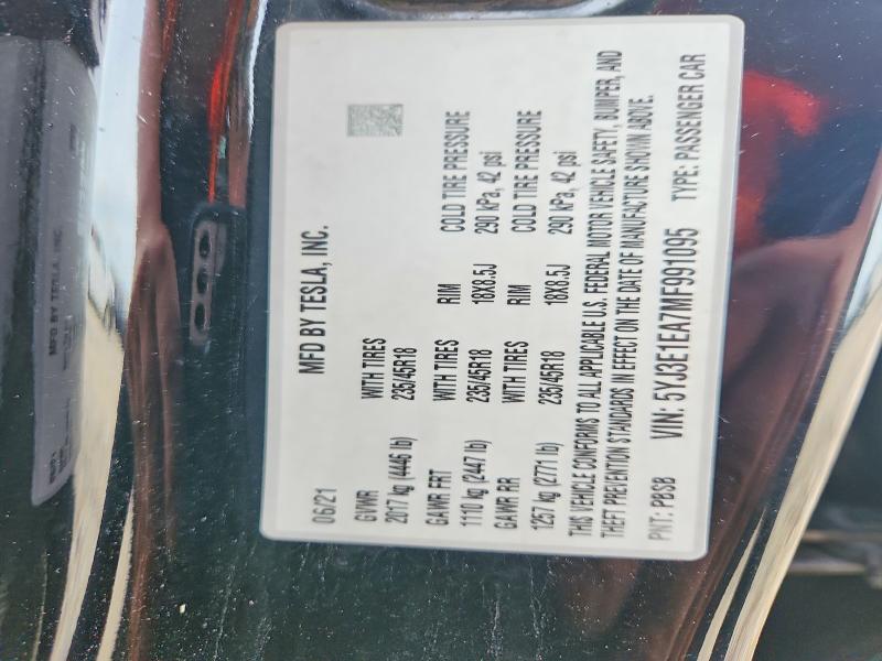 2021 Tesla Model 3 მანქანა იყიდება აუქციონზე, vin: 5YJ3E1EA7MF991095, აუქციონის ნომერი: 68130866