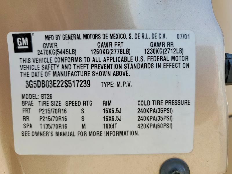 2002 Buick Rendezvous მანქანა იყიდება აუქციონზე, vin: 3G5DB03E22S517239, აუქციონის ნომერი: 68670706