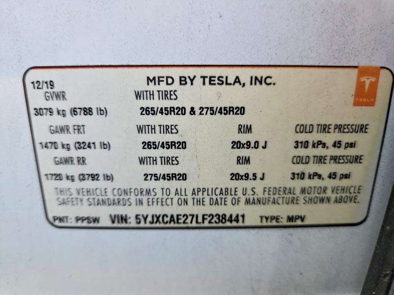 2020 Tesla Model X მანქანა იყიდება აუქციონზე, vin: 5YJXCAE27LF238441, აუქციონის ნომერი: 66852766
