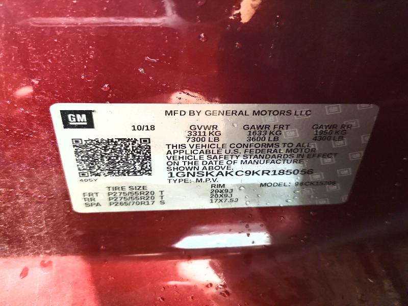 2019 Chevrolet Tahoe მანქანა იყიდება აუქციონზე, vin: 1GNSKAKC9KR185056, აუქციონის ნომერი: 68846046