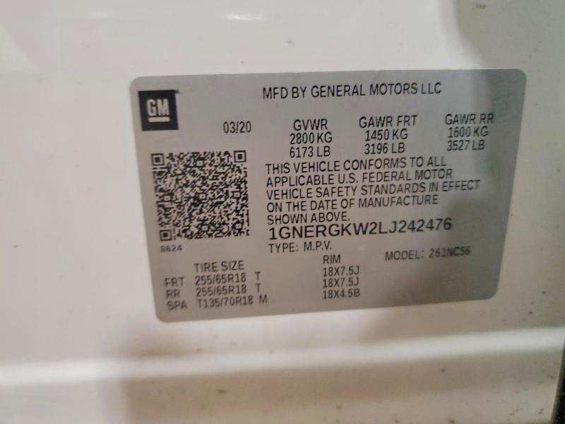 67894656 :رقم المزاد ، 1GNERGKW2LJ242476 vin ، 2020 Chevrolet Traverse مزاد بيع