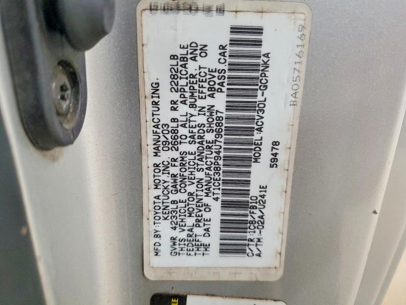 2004 Toyota Camry Solara მანქანა იყიდება აუქციონზე, vin: 4T1CE38P94U796887, აუქციონის ნომერი: 67880646