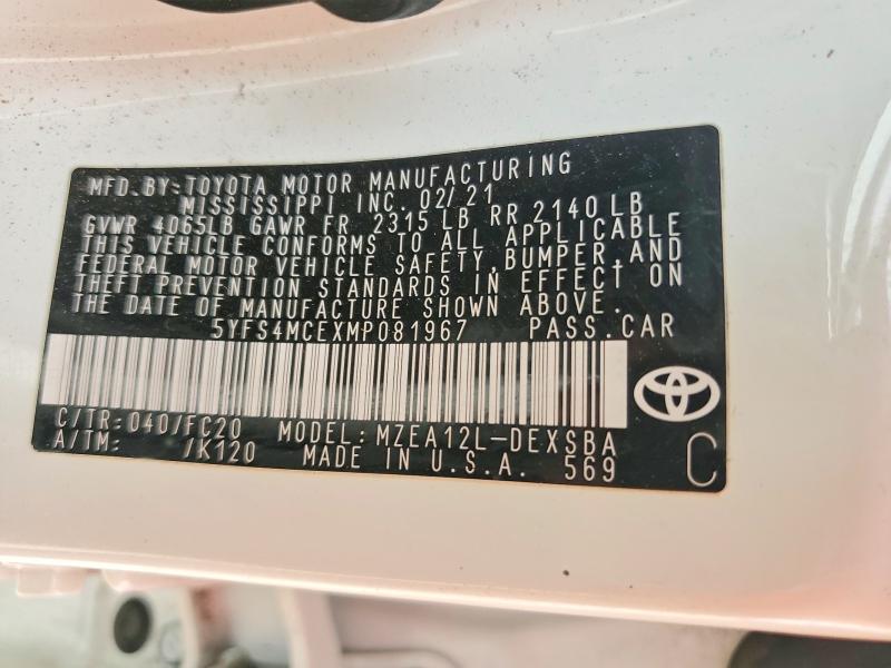 Aukcja sprzedaży 2021 Toyota Corolla, vin: 5YFS4MCEXMP081967, numer aukcji: 70896446